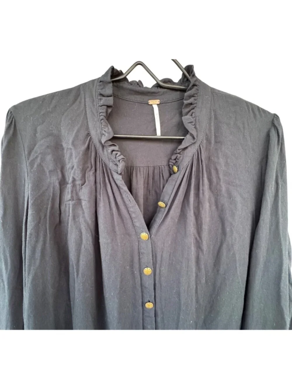 Free People Womens Medium Black Long Sleeve Button Up Ruffle Tunic Blouse Top